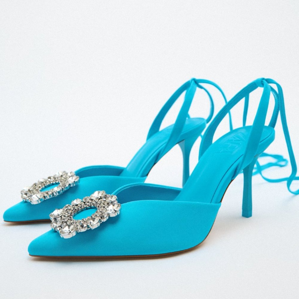 ZARA TURQUOISE BLUE HIGH HEEL TIED RHINESTONE DETAIL PUMPS HEELS $129